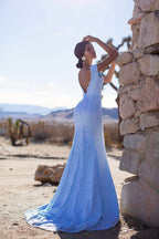 Elegant Sleeveless V Neck Backless Lace Brush Train Prom Dresses
