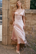Chic Silky Satin Pleated Deep V Puff Sleeve Lace Panel Fishtail Evening Maxi Dress