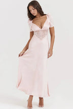 Chic Silky Satin Pleated Deep V Puff Sleeve Lace Panel Fishtail Evening Maxi Dress