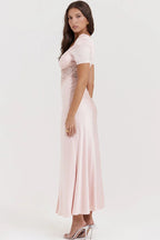 Chic Silky Satin Pleated Deep V Puff Sleeve Lace Panel Fishtail Evening Maxi Dress