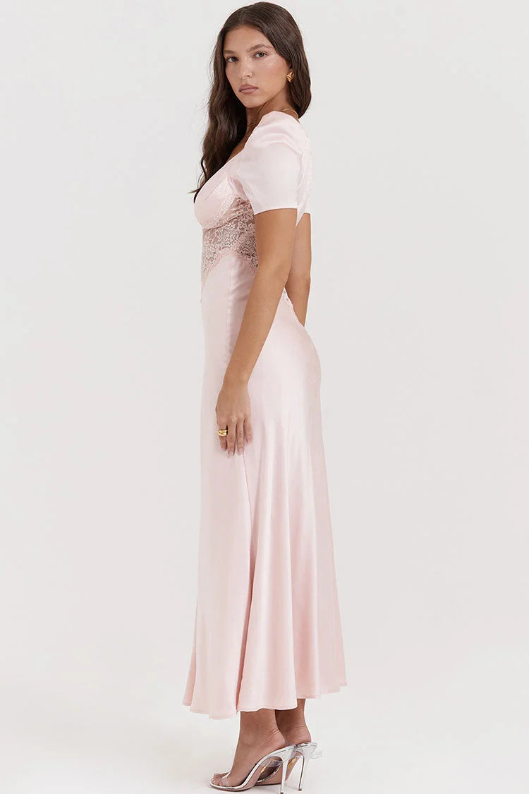 Chic Silky Satin Pleated Deep V Puff Sleeve Lace Panel Fishtail Evening Maxi Dress