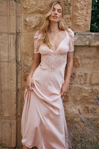 Chic Silky Satin Pleated Deep V Puff Sleeve Lace Panel Fishtail Evening Maxi Dress