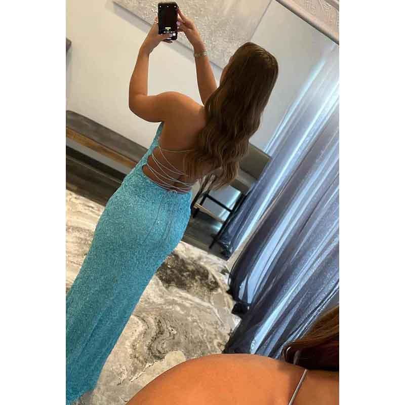 V-Neck Lace-Up Thigh Slit Sheath Sequined Long Prom Dress