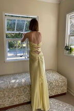 Chic Sheath Spaghetti Straps Yellow Long Party Dress with Keyhole Back Prom Dresses