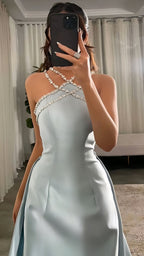 Elegant Baby Blue With Beaded Neck Mermaid Prom Dress