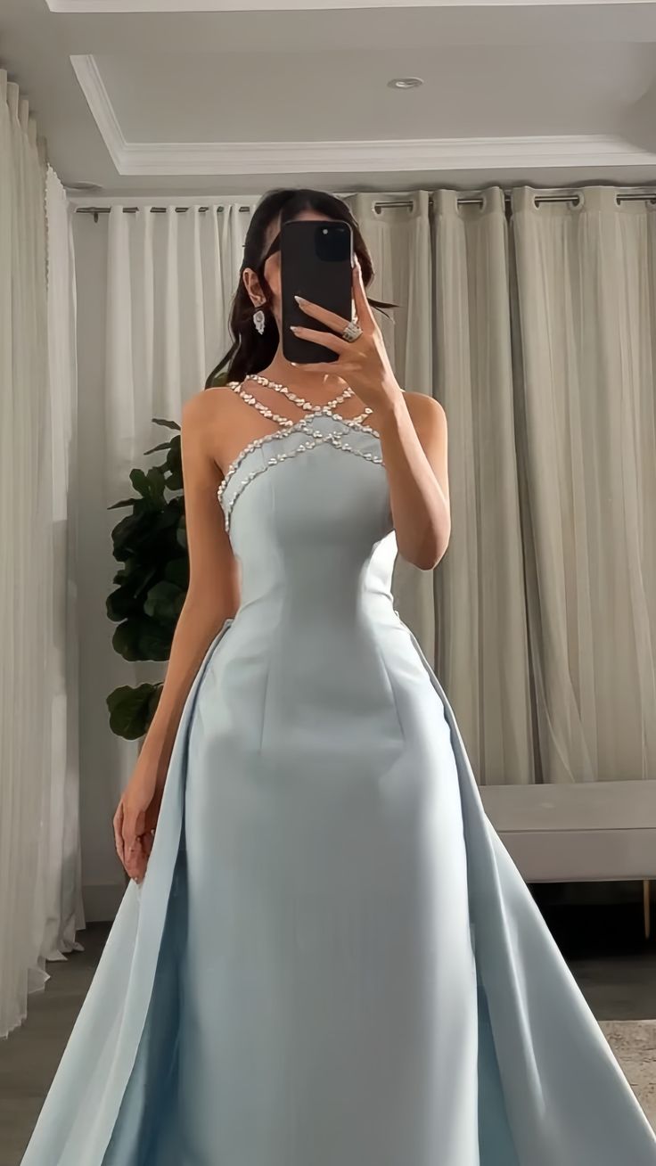 Elegant Baby Blue With Beaded Neck Mermaid Prom Dress