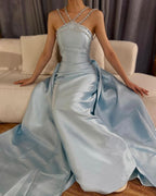 Elegant Baby Blue With Beaded Neck Mermaid Prom Dress