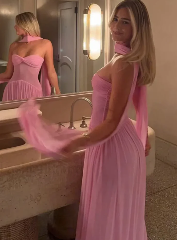 Elegant tube top Scarf Collar Mesh Pink Maxi Dress Prom Dresses