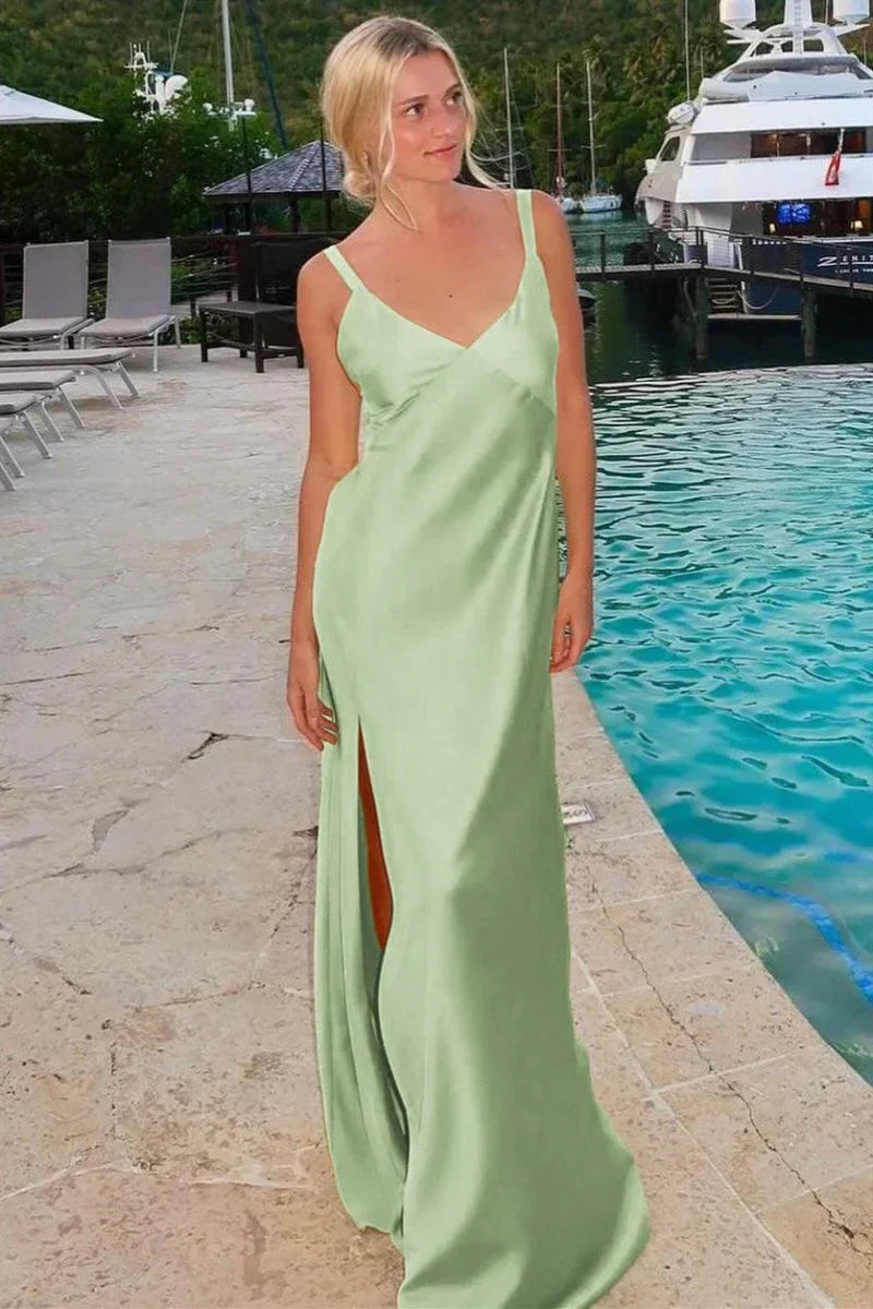 Minimalist Spaghetti Straps Backless Sheath V-Neck Tie-Back Maxi Dress with Slit