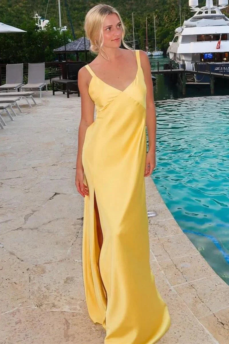 Minimalist Spaghetti Straps Backless Sheath V-Neck Tie-Back Maxi Dress with Slit