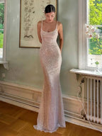 Sexy Mermaid Straps Sequin Prom Dresses With Split