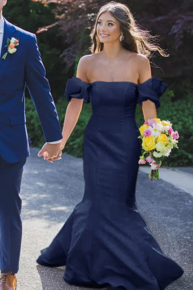 Elegant Satin Strapless Mermaid Pleated Long Formal Prom Dress with Sleeves