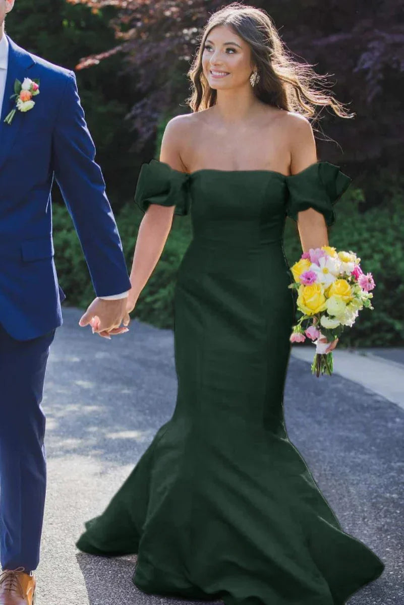Elegant Satin Strapless Mermaid Pleated Long Formal Prom Dress with Sleeves