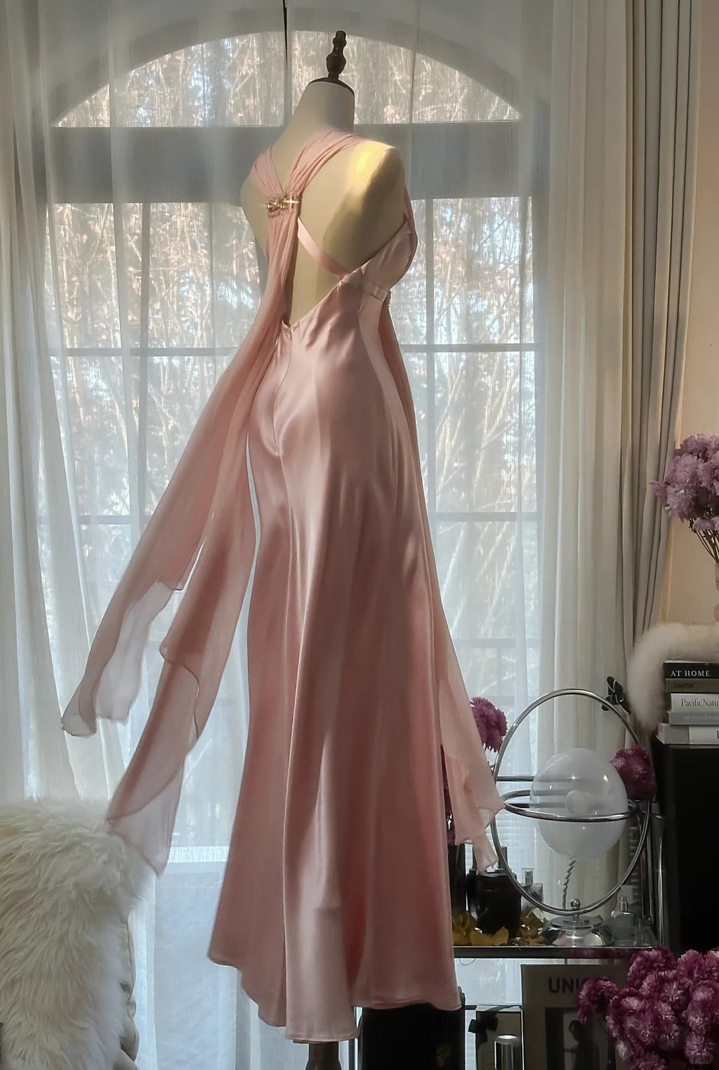 Elegant Pink Chiffon V-Neck Simple Long Prom Dress