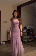 Shiny Spaghetti Strap Sleeveless Mermaid Tulle Evening Prom Dresses