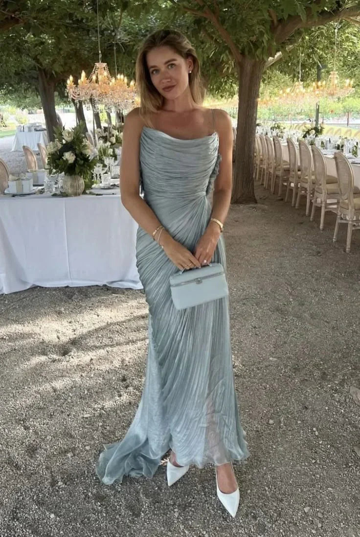 Sexy Spaghetti Straps  Tulle Pleated Evening Dress Elegant Prom Dress