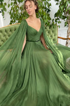 Elegant Green Long Sleeves Formal Belt Ruched Prom Dress Tulle With Split