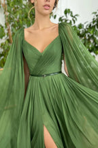 Elegant Green Long Sleeves Formal Belt Ruched Prom Dress Tulle With Split