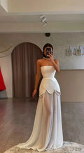 Elegant White Strapless Sleeveless Long Prom Dress With Pleated Beading