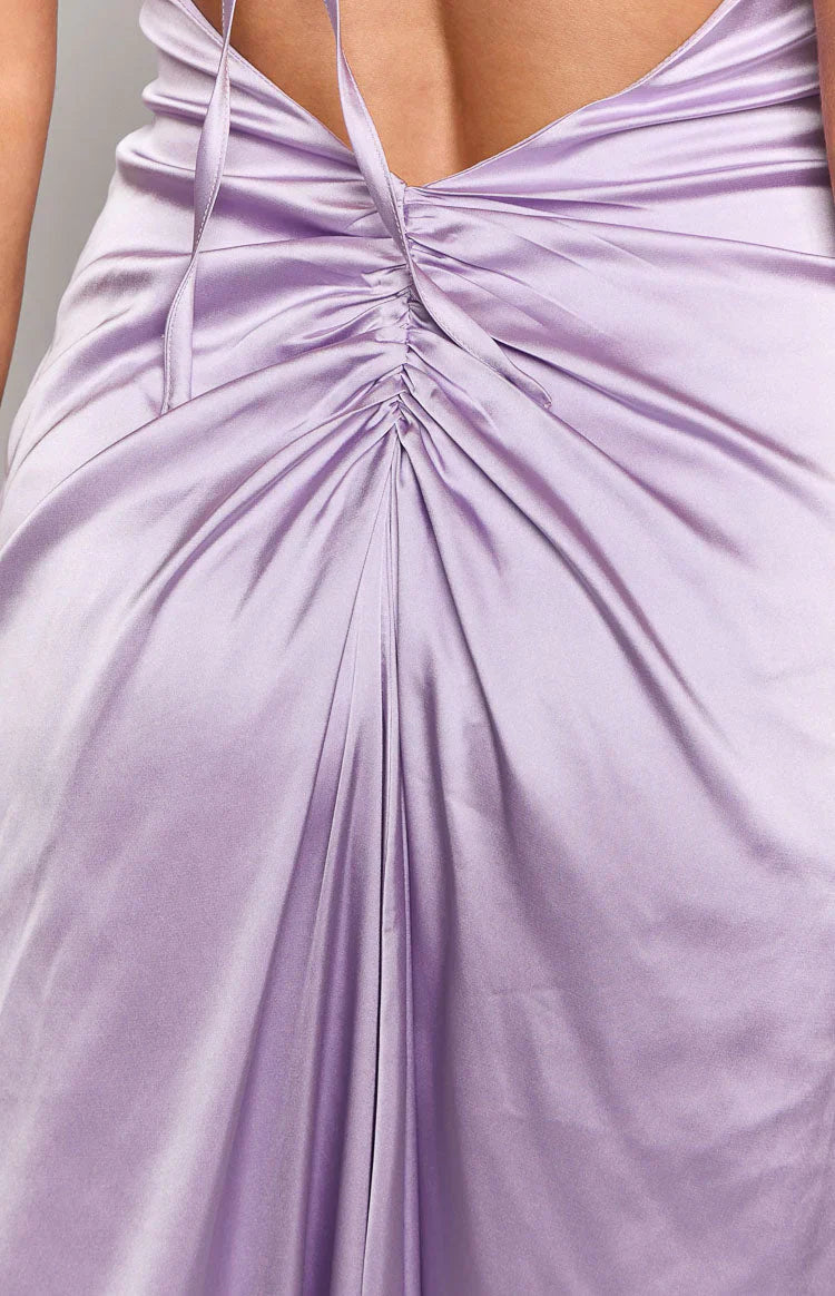 Sexy Lilac Satin Backless Spaghetti Straps Ruched Maxi Dress Prom Dresses