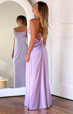 Sexy Lilac Satin Backless Spaghetti Straps Ruched Maxi Dress Prom Dresses
