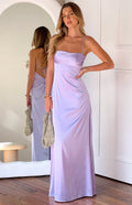 Sexy Lilac Satin Backless Spaghetti Straps Ruched Maxi Dress Prom Dresses