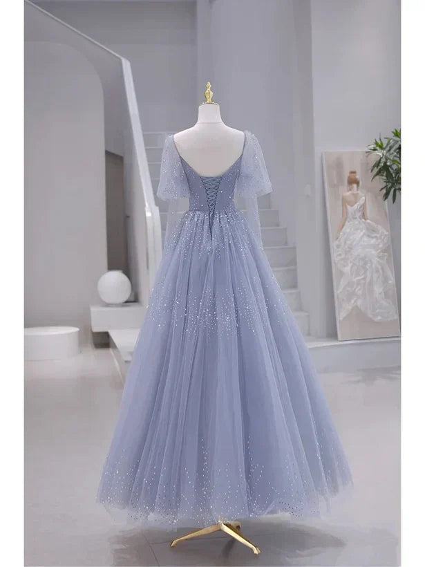 Sparkling Short Sleeves Tulle Long Sweetheart Party Dress A-line Blue Prom Dress