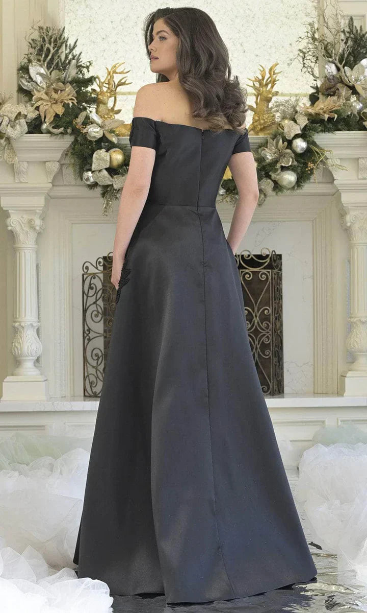 Elegant Off the Shoulder Asymmetric Floral Appliqued Floor-Length  Long Gown Prom Dresses