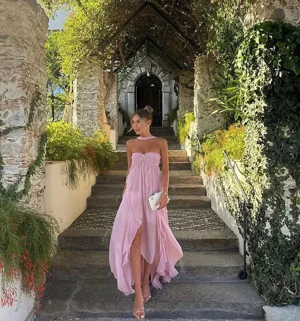 Sexy tube top Ruched Ruffle Strapless Maxi Dress Prom Dresses