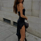 Elegant Ruffles Maxi Dress Sexy Straps Sleeveless Ruched Evening Party Dresses for Women Backless Clu