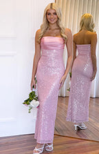 Sexy tube top Pink Sequin Strapless Formal Maxi Dress Prom Dresses