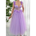 Tulle A-line Sweetheart Spaghetti Straps Floral Appliqued Party Prom Evening Dress