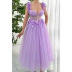 Tulle A-line Sweetheart Spaghetti Straps Floral Appliqued Party Prom Evening Dress