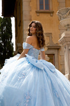 Elegant Off Shoulder Glitter Tulle Ball Gown with Sequin Corset and Cathedral Train
