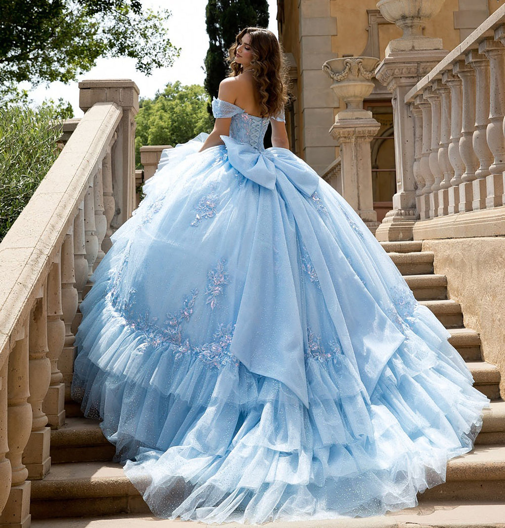 Elegant Off Shoulder Glitter Tulle Ball Gown with Sequin Corset and Cathedral Train