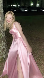 Simple  A-Line Satin Party Dress Side Slit Prom Dress Evening Dress