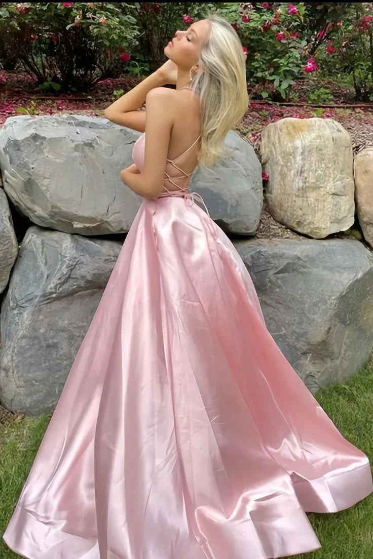 Simple  A-Line Satin Party Dress Side Slit Prom Dress Evening Dress