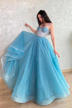 Bling A Line Spaghetti Straps Light Blue Sequns Long Prom Dress