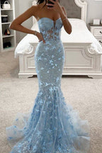 Gorgeous Mermaid Sweetheart Blue Corset Prom Dress with Embroidery
