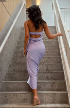 Elegant Purple Satin Strapless Sleeveless Ankle-Length Backless Maxi Dress Prom Dresses