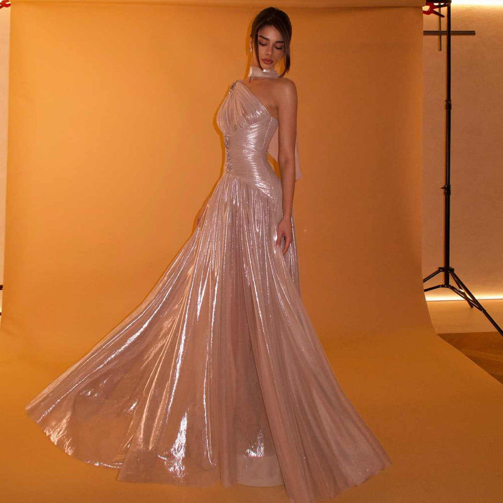 Elegant Rose Gold One Shoulder Evening Dress with Scarf Pleated for Women Wedding Party Prom Gowns