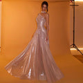 Elegant Rose Gold One Shoulder Evening Dress with Scarf Pleated for Women Wedding Party Prom Gowns