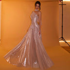 Elegant Rose Gold One Shoulder Evening Dress with Scarf Pleated for Women Wedding Party Prom Gowns