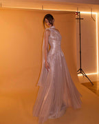Elegant Rose Gold One Shoulder Evening Dress with Scarf Pleated for Women Wedding Party Prom Gowns