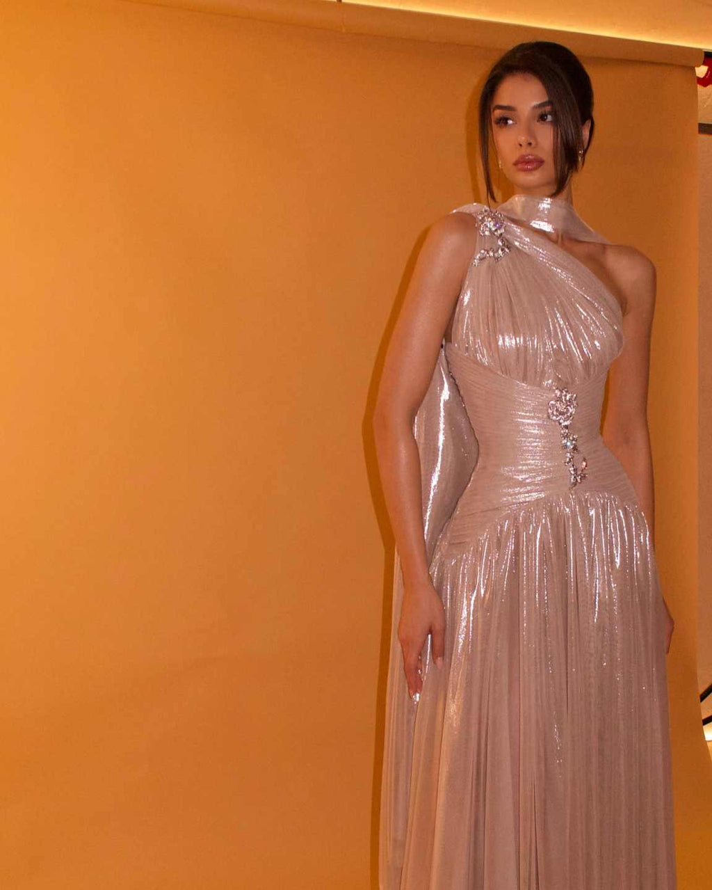 Elegant Rose Gold One Shoulder Evening Dress with Scarf Pleated for Women Wedding Party Prom Gowns