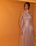 Elegant Rose Gold One Shoulder Evening Dress with Scarf Pleated for Women Wedding Party Prom Gowns