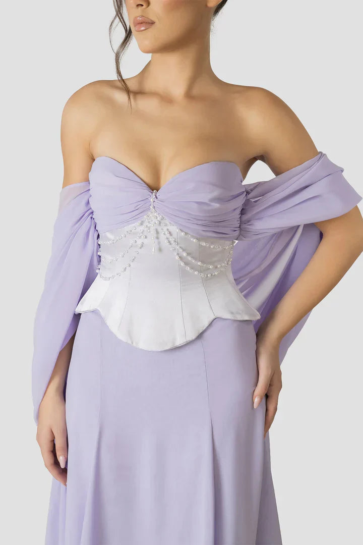 Elegant tube top Backless Lavender and Pearls Beaded Set Prom Dresses