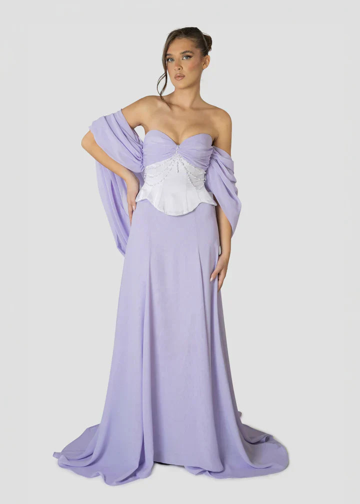 Elegant tube top Backless Lavender and Pearls Beaded Set Prom Dresses