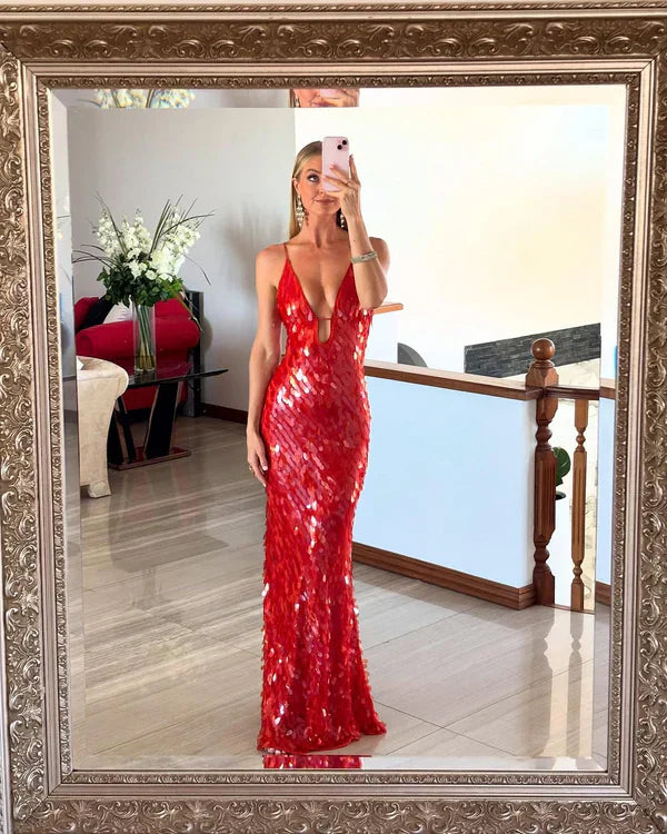 Sexy Sleeveless Spaghetti Straps Backless Sequin Maxi Long Dress Prom Dresses