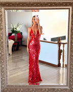 Sexy Sleeveless Spaghetti Straps Backless Sequin Maxi Long Dress Prom Dresses
